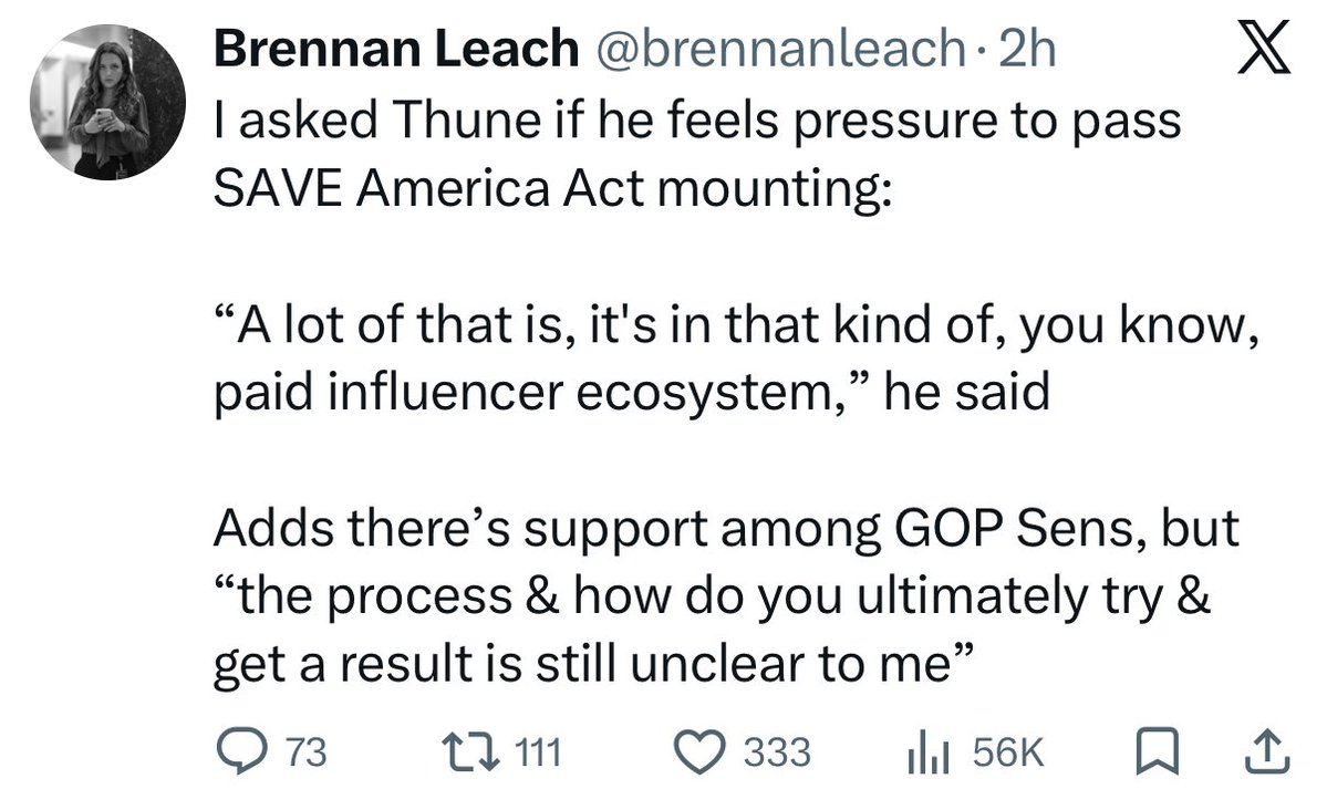 <a href="/LeaderJohnThune/">Leader John Thune</a> To the tens of millions of Americans that want the SAVE America Act,

are you paid influencers?