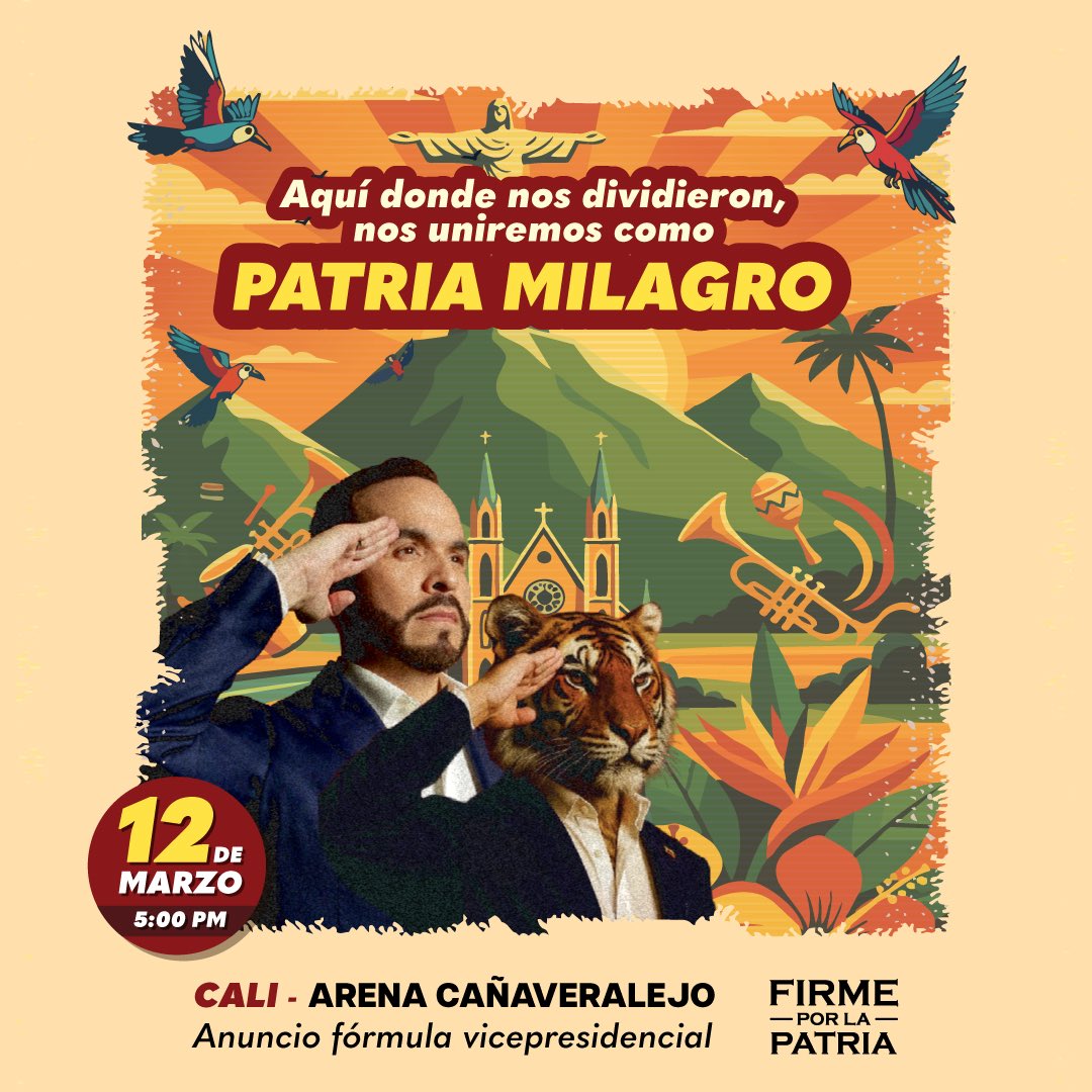 DELAESPRIELLAE's tweet photo. ¡Cali, prepárate!

Este 12 de marzo lanzaré oficialmente mi campaña rumbo a la Presidencia de la República y anunciaré mi fórmula vicepresidencial.

La Patria Milagro comienza a rugir.
🕔 5:00 p.m. | Arena Cañaveralejo.

Obtén tus entradas aquí:
https://t.co/GLNpkz1JTH

Firme por la Patria. 🇨🇴🐅