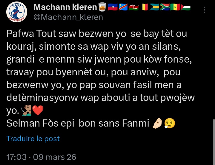 Siw t banm on layk ak on retwit li patap on pwoblèm non, ou jus egoyis✊🏾🔥.

Ou wè aksyon Moun isit bro <a href="/Zetwal_Divin7/">Tanis Samuel Brazard⭐🌟✨</a> <a href="/scarface_xx_/">SCARFACE XX</a> <a href="/LouisEsnel1/">𝐄𝐒𝐍𝐄𝐋-BWA PINI👽💚</a> <a href="/Lil_K9Gee/">Lil_K9Gee 𓃵</a>
