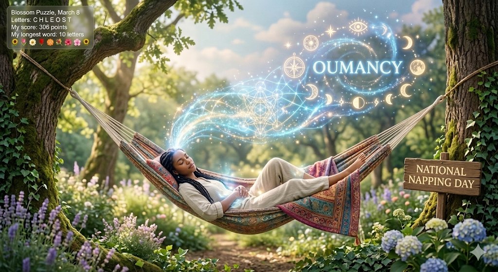 2God4em's tweet image. After yesterday’s time jump, #NationalNappingDay is the ultimate a_t_v_t_on for the soul. 😴
While everyone else catches up on sleep, I’m using the quiet to tap into #Oumancy. There’s divine talent in finding clarity while the world hits snooze. ✨

merriam-webster.com/games/blossom-…