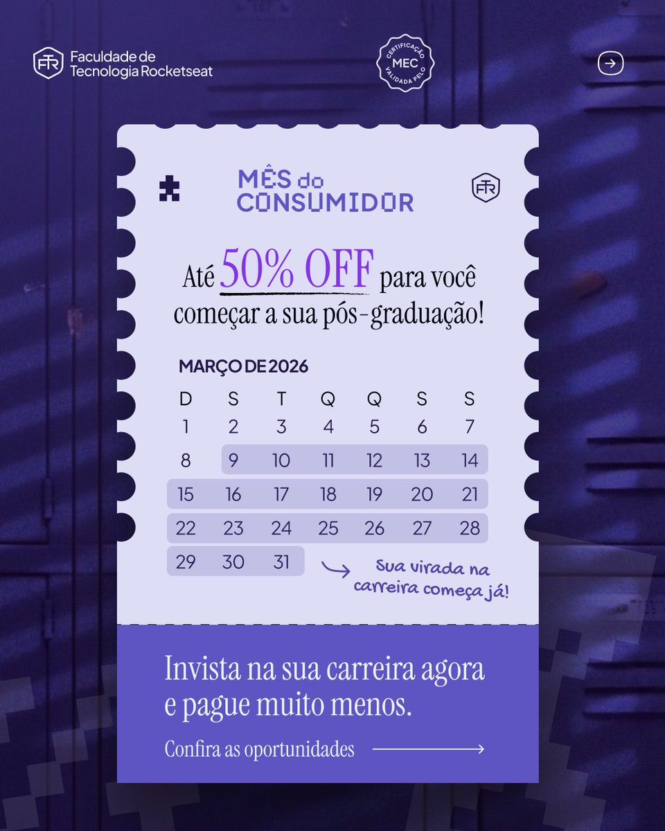 rocketseat's tweet photo. O mercado não para de evoluir, e quem busca crescer na carreira precisa evoluir junto!  

Se você quer se destacar, conquistar melhores oportunidades e acompanhar as novas demandas do mercado, não dá mais para adiar sua especialização.

 Aproveite o Mês do Consumidor e garanta até 50% de desconto exclusivo nas pós-graduações de IA e Automação e Desenvolvimento Full-Stack com IA, além de bônus como: assinatura ONE (18 meses),  mentoria de carreira internacional, aulas de inglês técnico e muito mais!  

Não adie seu futuro. Invista agora na sua evolução profissional 🎓

#FaculdadeRocketseat #Tech #Programação #PósGraduaçãoIA #PósGraduaçãoFullStack