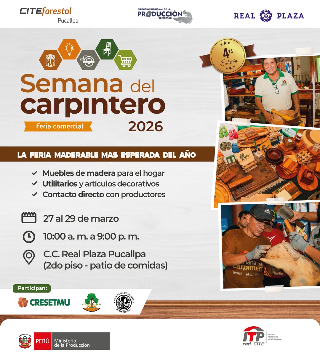 CITEforestal's tweet photo. ¡Vuelve la feria maderable más esperada!
Semana del Carpintero 2026
Descubre muebles, utilitarios y artículos decorativos de madera, elaborados por carpinteros de la región Ucayali.
📅27 al 29 de marzo
📍C.C. Real Plaza Pucallpa
Organiza: CITEforestal Pucallpa y #DireproUcayali https://t.co/Hq1dpx3N9o
