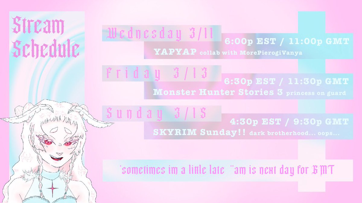 schedule week of 3/9 !!

we've got another collab with <a href="/Pierogi_Vanya/">MorePierogiVanya</a> !!