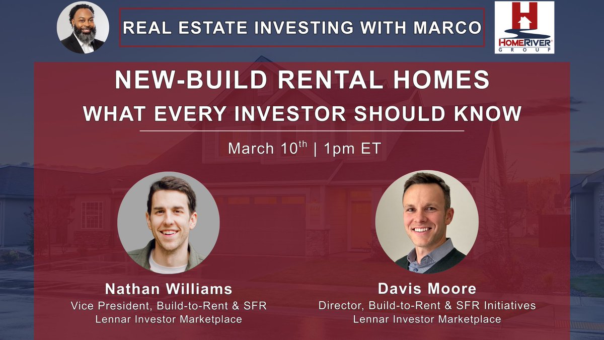 HomeRiverGroup's tweet photo. 📣 Investors, don’t miss tomorrow’s webinar
New-Build Rental Homes: What Investors Should Know featuring experts from @Lennar  Investor Marketplace.
🗓 Tuesday, March 10
⏰ 1:00 PM ET
👉 Save your seat: https://t.co/zPXFsAevss
#RealEstateInvesting #BuildToRent #RentalHomes https://t.co/IzKRYy5byO