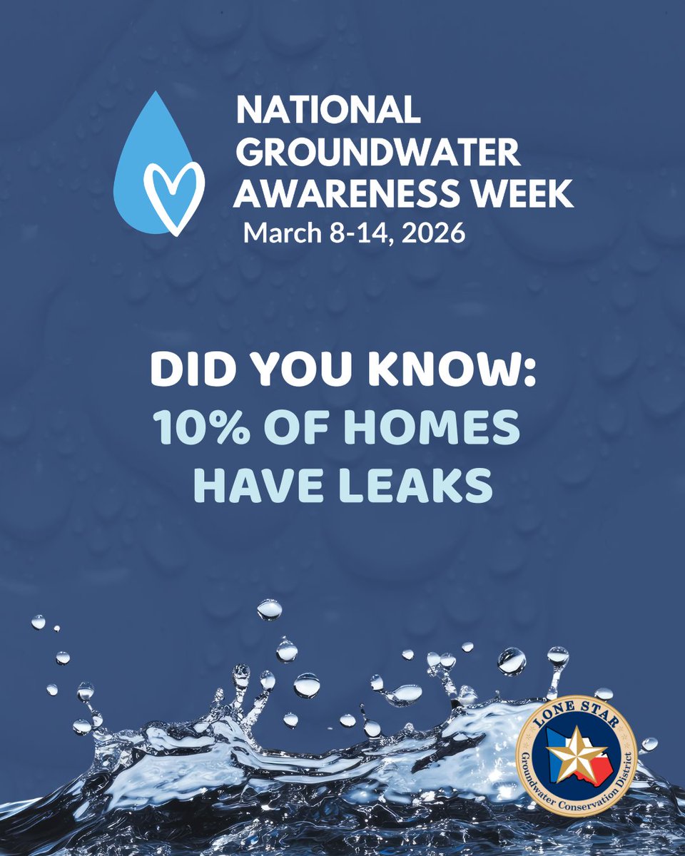 LoneStarGCD's tweet photo. Small leaks add up! 💧 According to the EPA, 10% of homes waste over 90 gallons of water a day due to leaks. During Groundwater Awareness Week, take a moment to find and fix those sneaky drips.
#SaveWater #EveryDropCounts #GroundwaterAwarenessWeek @ngwatweets https://t.co/8sSicuTq59
