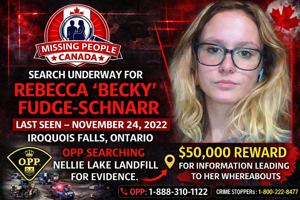 🔗 Full story: missingpeople.ca/opp-continues-… 

🧭 OPP CONTINUES LANDFILL SEARCH FOR REMAINS OF REBECCA FUDGE-SCHNARR, MISSING FROM IROQUOIS FALLS SINCE 2022 

📍 #IroquoisFalls #ON #Ontario