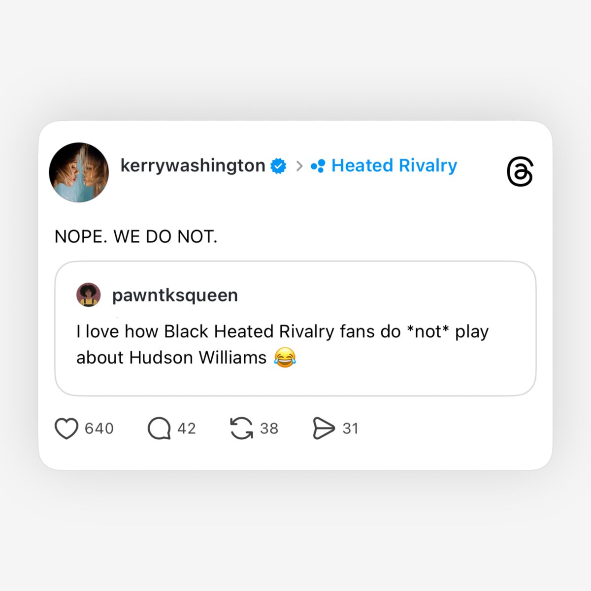 hudsonwupdates's tweet photo. Kerry Washington (Scandal, Confirmation) replied to a post about Hudson Williams on Threads! https://t.co/elfaFQHHgk
