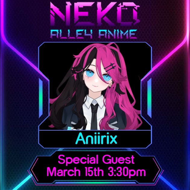 NekoAlleyAnime's tweet photo. Next up for our double features meet and greets on March 15th at 1pm EST we have  @TMiracleART and @Aniirix at 3:30pm we have  We hope to see you all there ! https://t.co/fxlA8wuBtS