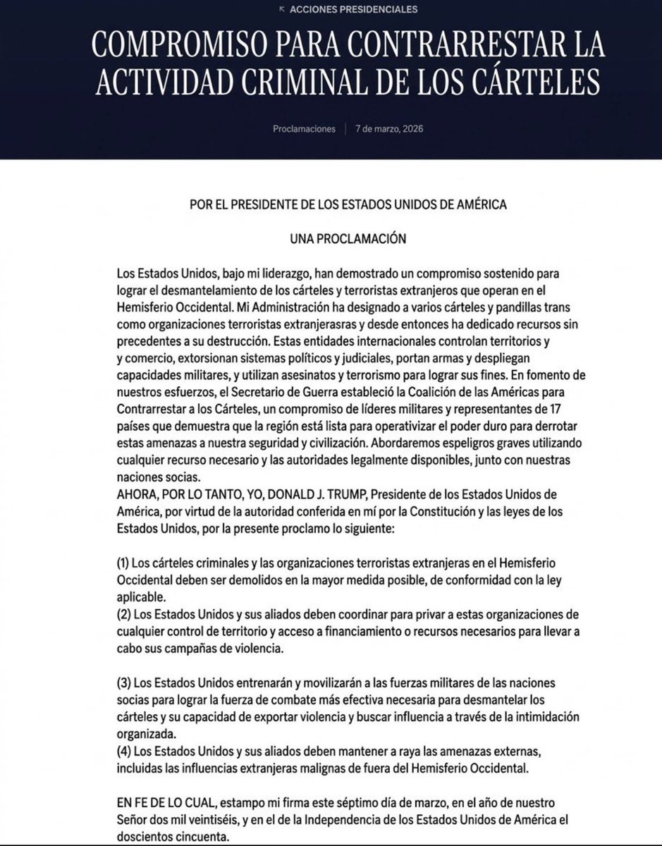 🚨 Ya no es una ocurrencia de Trump: ya lo dejó por escrito.

La Casa Blanca publicó una proclamación oficial para “contrarrestar la actividad criminal de los cárteles”. Ahí plantea demoler a los cárteles al máximo posible, coordinar a sus aliados para quitarles territorio y