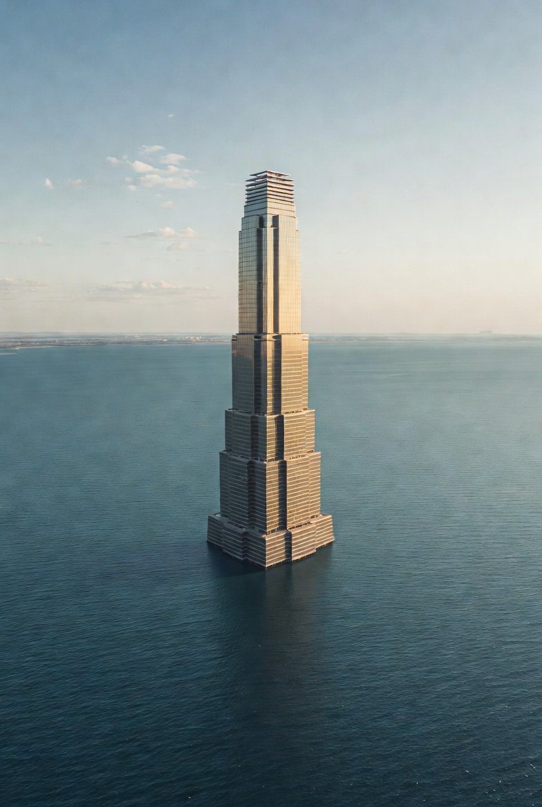 NegativeAlp's tweet photo. BREAKING: *TRUMP TOWERS HORMUZ STRAIT RENDERINGS JUST DROPPED* https://t.co/19JuOVDmKb