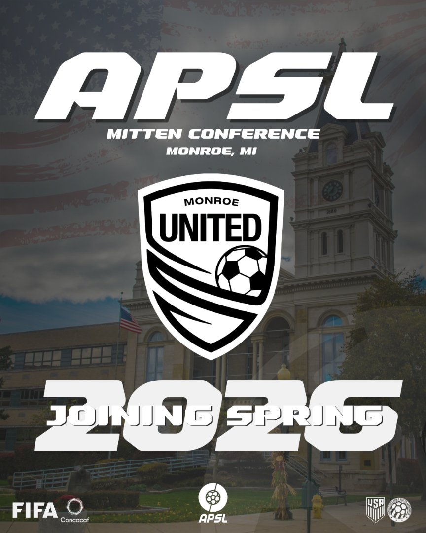 APSLSoccer_'s tweet photo. 🤝 Welcome to the APSL, Monroe United!

Monroe United joins the Mitten Conference, continuing APSL expansion across Michigan.

“Joining the APSL creates a pathway for local players to compete at higher levels.” — Eric Perilla, Club Director

The Mitten Conference keeps growing. https://t.co/6xmRJBpv52