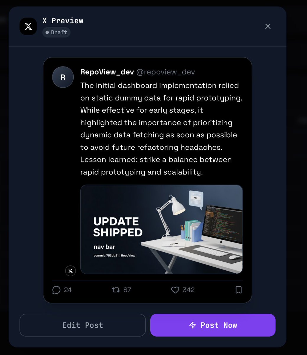 chubi_wonder's tweet photo. What if your git push was your marketing team? RepoView reads your commit history and turns it into engaging content. You code. It shares. Everyone wins. 🚀
#buildinpublic #aiagent #repoview https://t.co/2OURb8LYkI