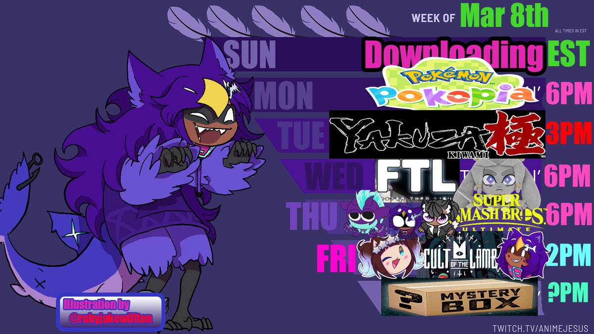 This week on bird thing is jampacked!
Couple Collabs!

Tonight Pokopia
Tomorrow EARLY Yakuza 1 till its DONE
Wednesday Forced stream FTL! And Pseudoregalia!

Smashing with Wolf and Rans for Rans Birthday!

Friday Cult of the Lamb Collab with LeenaZenyo!

Saturday- no idea!