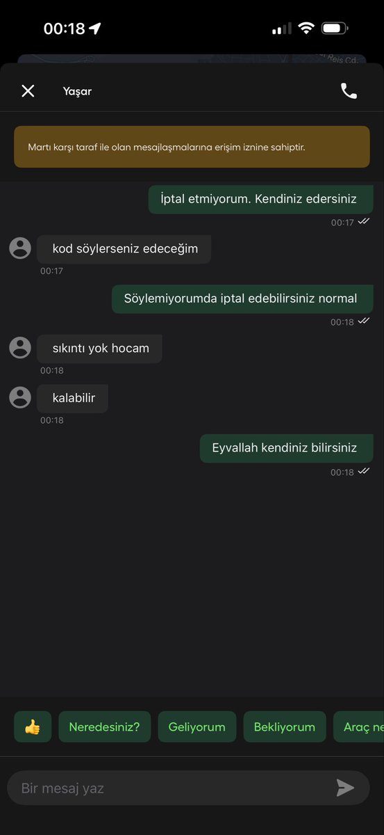 cnrd35's tweet photo. @martiteknoloji @OguzAlperOktem 
Sürücü hem gelmiyor, hemde benim iptal etmem gerektiğini söylüyor. Şuan taksiye bineceğim ve arkadaş kendini haklı görüyor inanılır gelmiyor maalesef dedikleri.. komedi.. https://t.co/RaYpv4JIau