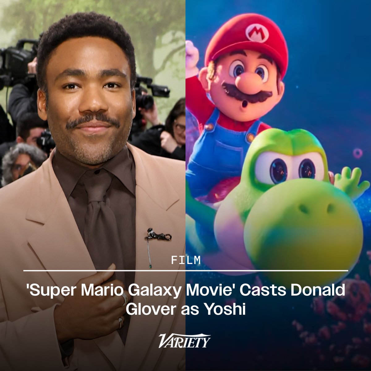 Variety's tweet image. Donald Glover has been cast as Yoshi in the upcoming "Super Mario Galaxy Movie."

The newly announced cast members also include Luis Guzman as Wart and Issa Rae as Honey Queen.

variety.com/2026/film/news…