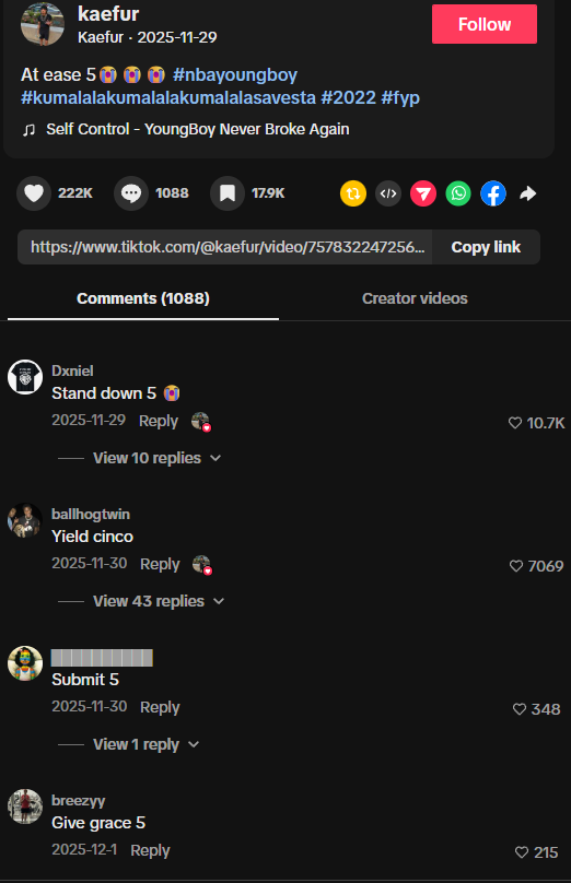 dashcrypto_'s tweet photo. The term  "at ease 5" has been gaining a ton of traction recently in a lot of tiktok and ig comment sections. People are getting 10k+ likes on reactions with this phrase, reminds me a lot of genuinely and lowkirkuinely. There are multiple videos with millions of views

https://t.co/n6nneHqXn7