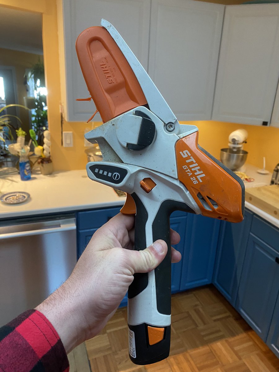 Angelsforever86's tweet photo. This is what I use for pruning thicker branches it’s an electric chainsaw that is extremely effective, it’s fairly lightweight in comparison to a gas powered equivalent #stihl #treepruning #countrylife #countryman #princeedwardcounty https://t.co/I7snWEA0Ap