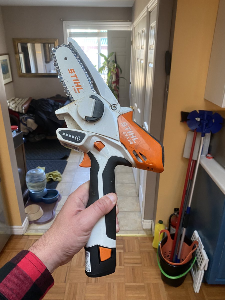 Angelsforever86's tweet photo. This is what I use for pruning thicker branches it’s an electric chainsaw that is extremely effective, it’s fairly lightweight in comparison to a gas powered equivalent #stihl #treepruning #countrylife #countryman #princeedwardcounty https://t.co/I7snWEA0Ap