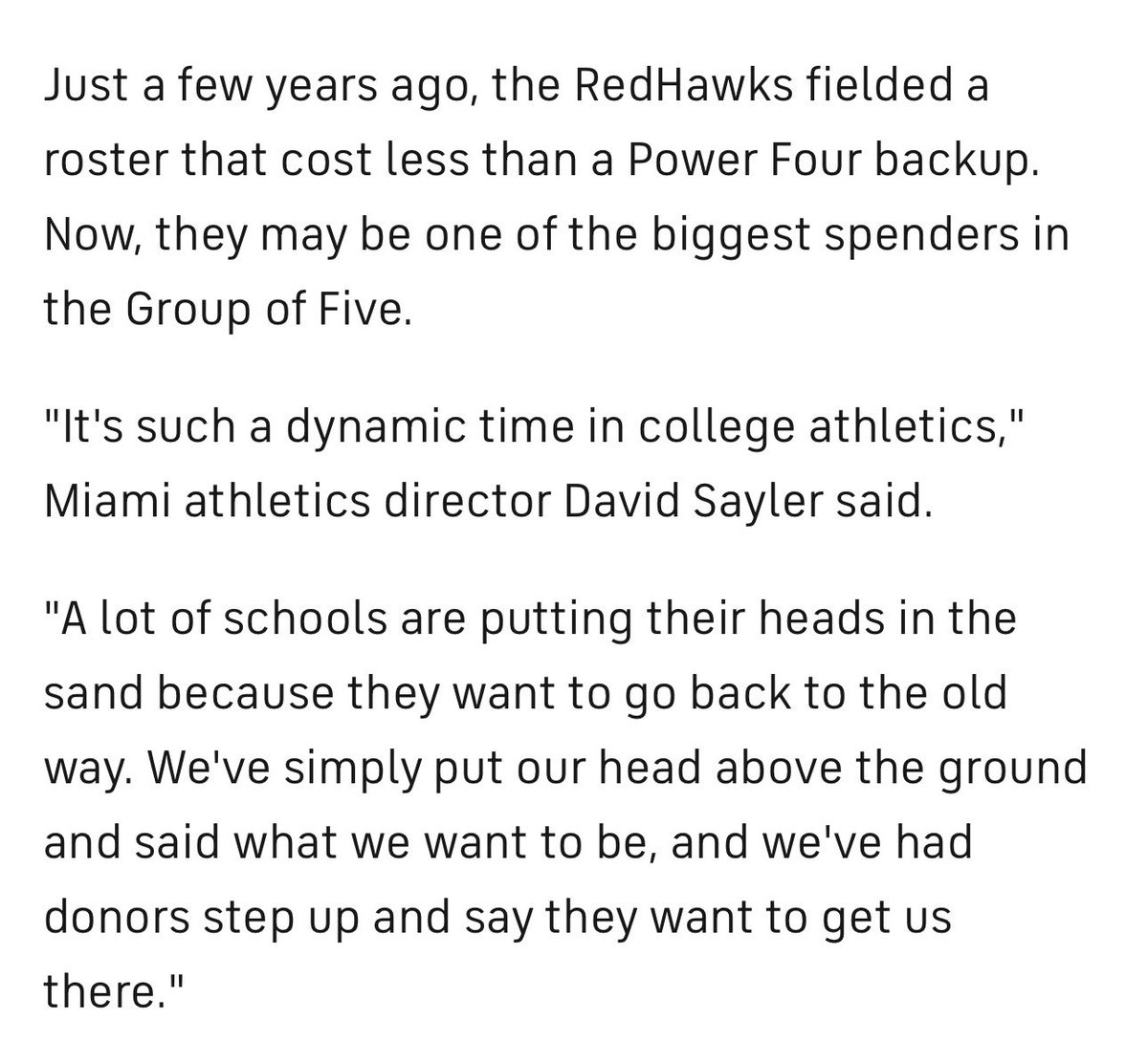 WinterSportsLaw's tweet photo. Good piece on how Miami of Ohio is investing heavily in athletics to grow the university, and to position it for the next split in college athletics.

I like this quote from its AD: “A unique time gives opportunities.” https://t.co/dM9vd5ksK1