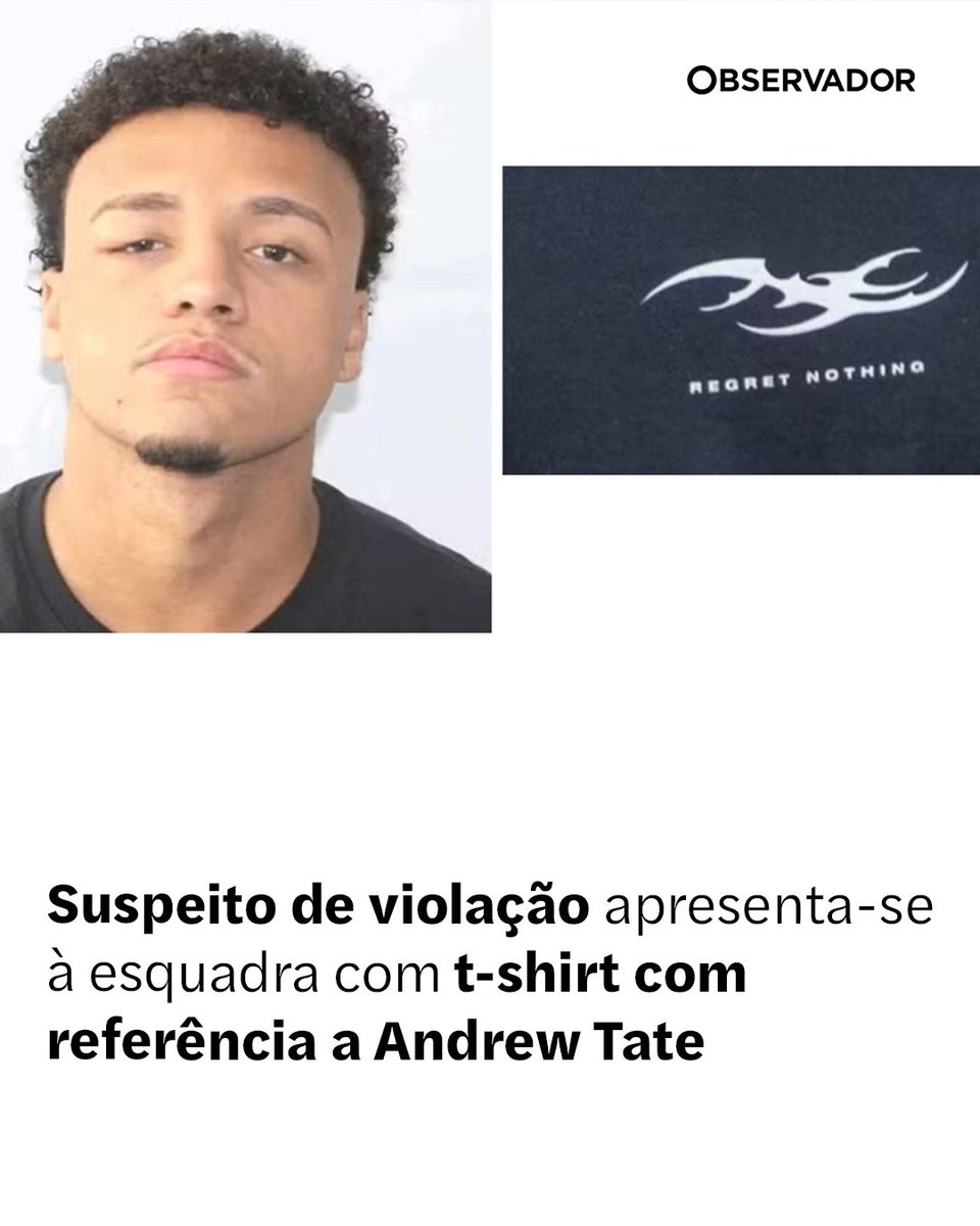 observadorpt's tweet image. Vitor Simonin apresentou-se à polícia do Rio de Janeiro com uma t-shirt estampada com a frase "Regret nothing". Grupo de arguidos gravou vídeo a ridicularizar a violação de uma adolescente de 17 anos.

#Brasil #CrimesSexuais #AndrewTate