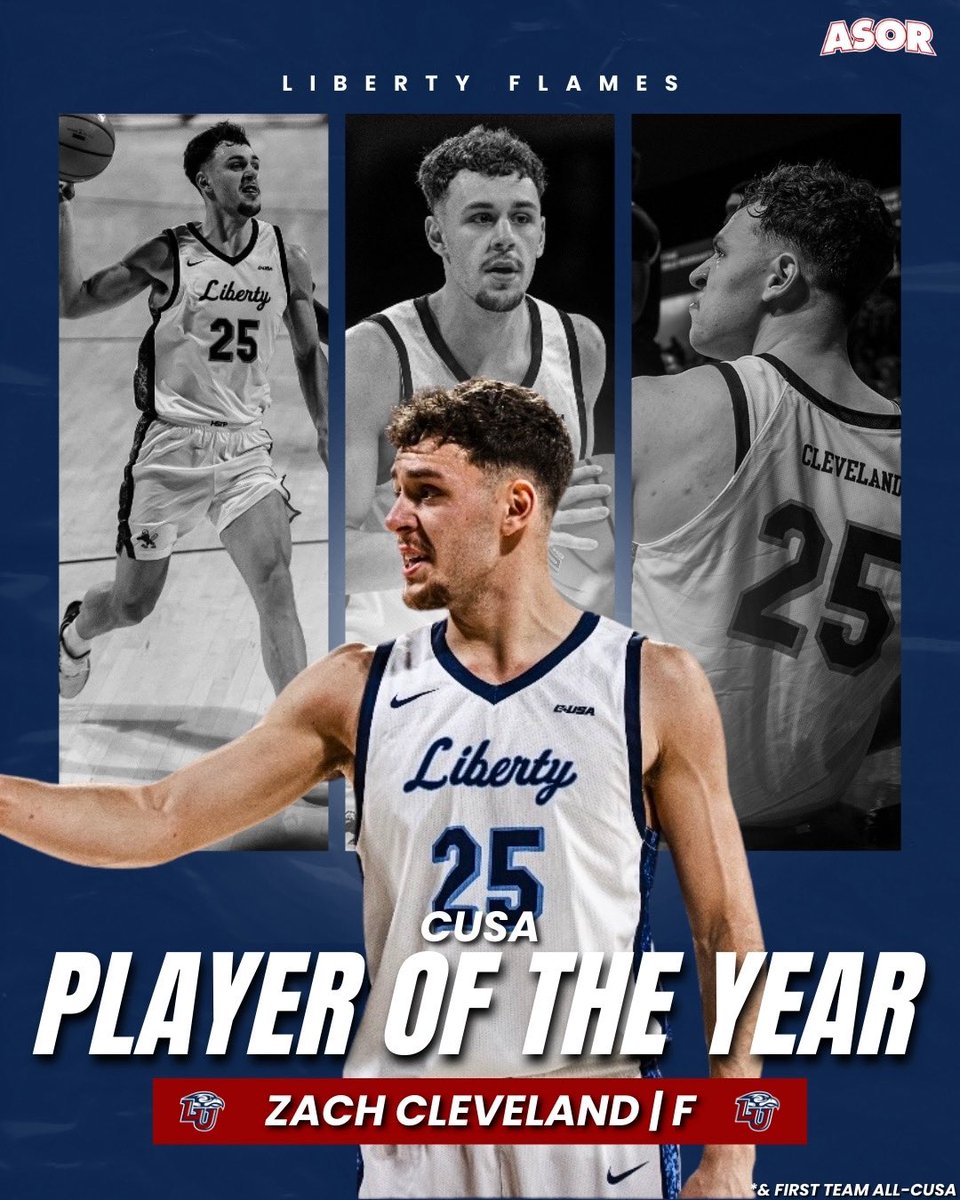 ASeaofRed's tweet photo. PLAYER OF THE YEAR 👏

Liberty’s Zach Cleveland has been named CUSA 1st Team and the conference’s Player of the Year!

#LibertyFlames #MBB #CUSA https://t.co/U8bGEagFPU