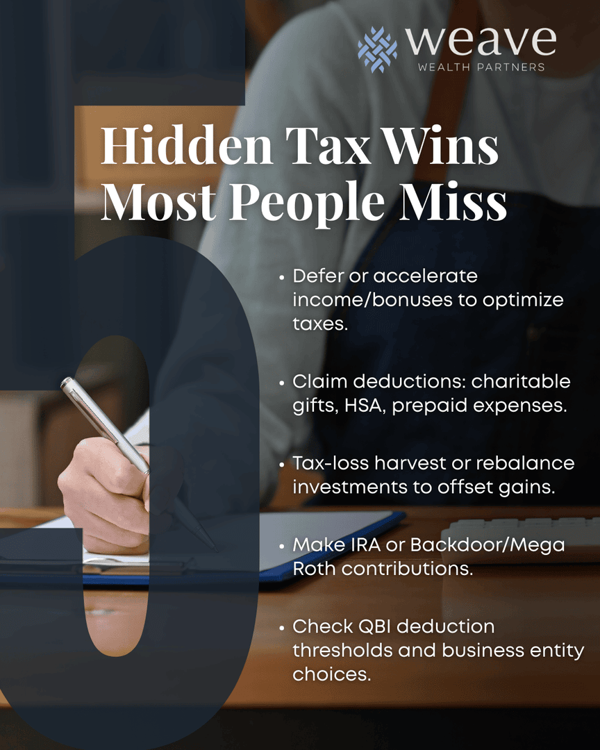 WeaveWealthP's tweet photo. A lot of people miss easy ways to save on their taxes each year.

These 5 hidden wins could make a bigger difference than you think.

Not sure which ones apply to you? Reach out and we’ll help you sort it out. https://t.co/4xIhU3ArN1