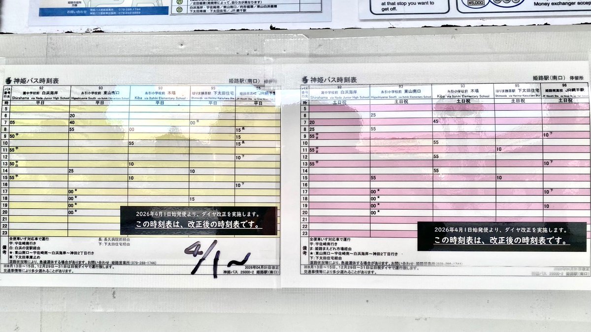 hime4145's tweet photo. ダイヤ変更点⑥(増減便など目立ったもののみ)

21番乗場
飾磨 平日2本(14,21時台),日祝1本(14時台)火力に延伸

22番
東山 日祝1本(6時台)増

これで以上です。本投稿は姫路駅発の増減便に注目したもので、復路便の調査や増減の対応関係などの考察はしておりません。ご了承ください。

#神姫バス https://t.co/v35W0HADdJ