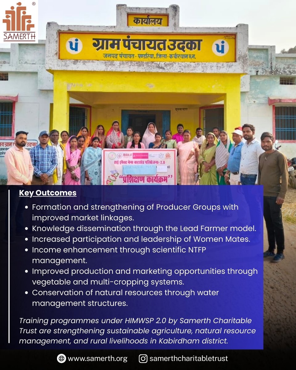 Training programmes under High Impact Mega Watershed Project 2.0 by Samerth Charitable Trust are strengthening sustainable agriculture, water conservation, and rural livelihoods in Bodla, Pandariya &amp; Sahaspur Lohara blocks of Kabirdham, Chhattisgarh.

#Samerth #WaterConservation