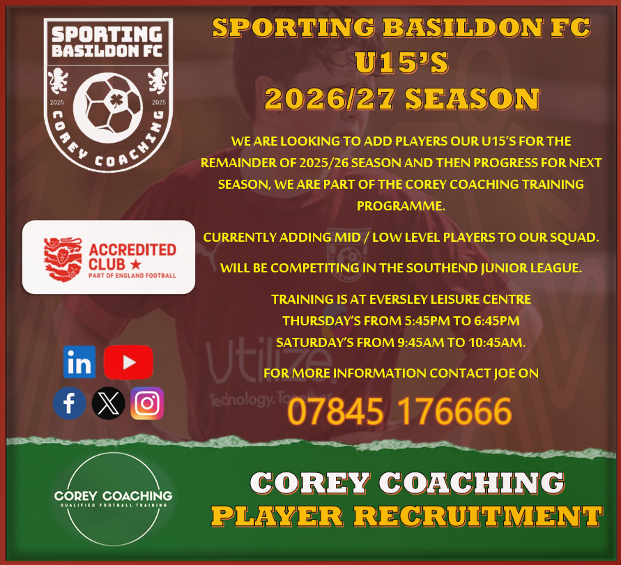 S_Basildon_FC's tweet photo. π U15's PLAYER RECRUITMENT π
2026/27 Season
Places are available now, looking for mid to low level players.
Suitable for players currently in Year 8 or 9.
For more information contact - 07845 176666
@Corey_Coaching
β½οΈπ₯π©
#SBFC #sportingbasildonfc #squadbooster https://t.co/HwVrgg3i86