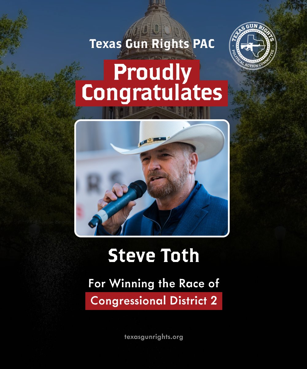 TXGunRights's tweet photo. Texas Gun Rights PAC is proud to congratulate the following patriots for winning their GOP nominations for United States Congress!

@SteveTothTX 
@realBrandonGill 
@TheAKGuy https://t.co/g6YBd0ZHrF