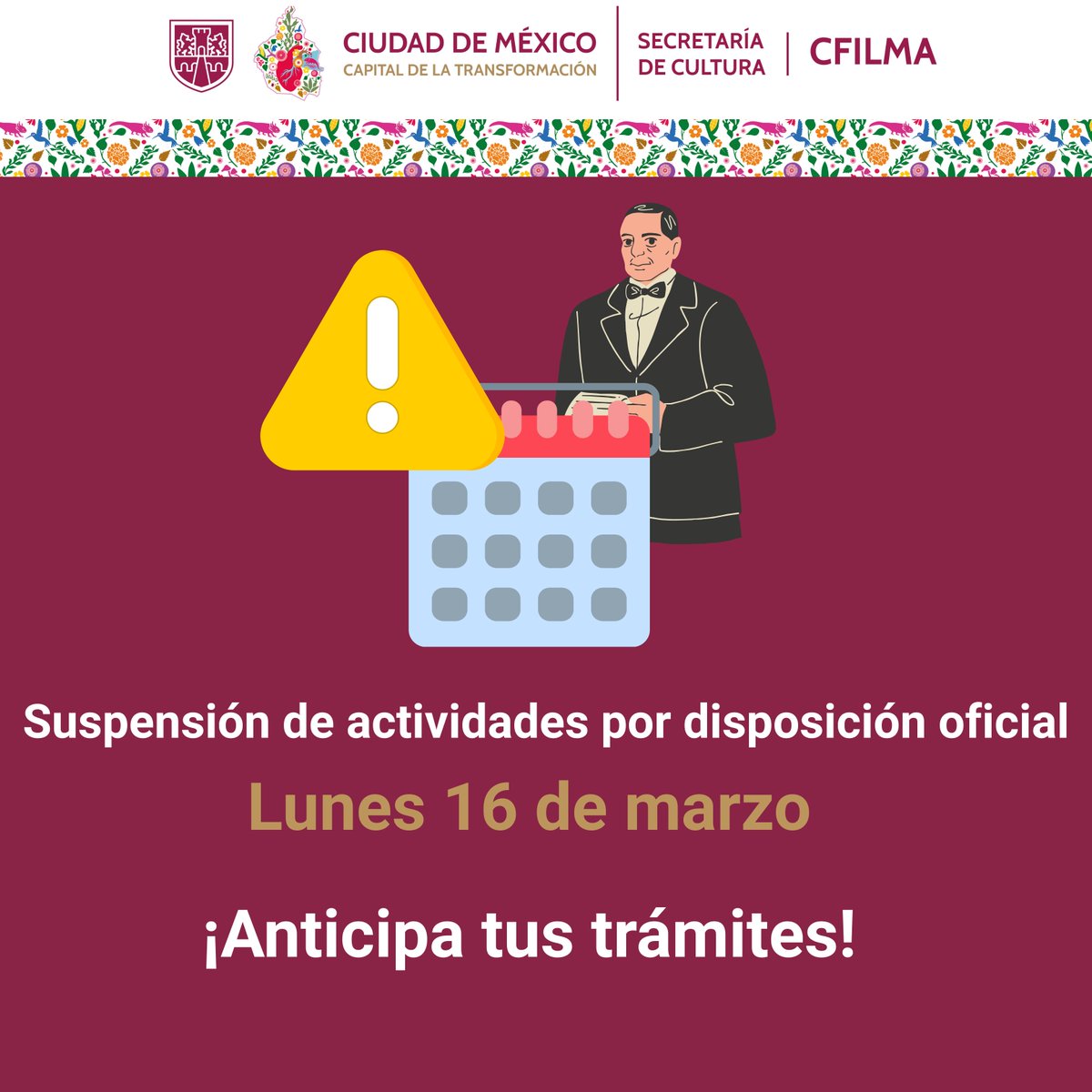 CFilmaCDMX's tweet photo. ⚠ Aviso a toda la comunidad audiovisual de la CDMX: les recordamos que, por disposición oficial, la #CFILMA suspenderá sus actividades el lunes 16 de marzo del año en curso.
¡Anticipa tus trámites! 🎥
#EnCDMXsíCFILMA https://t.co/dHQtopNdKH