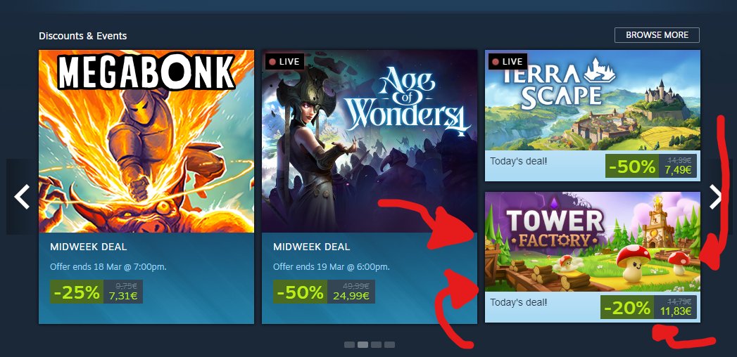 GiusCaminiti's tweet photo. Tower Factory is in the Steam front page as a Daily Deal offer!! 🤩 https://t.co/F31gD0om8R