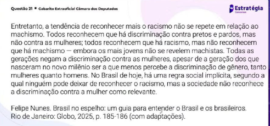 A banca Cebraspe trouxe na prova do Concurso da Câmara dos Deputados, realizado ontem, questão envolvendo trecho do livro "Brasil no Espelho", do cientista político <a href="/profFelipeNunes/">Felipe Nunes</a>. Obra que apresenta um retrato inédito e profundo do brasileiro contemporâneo. Recomendo leitura.