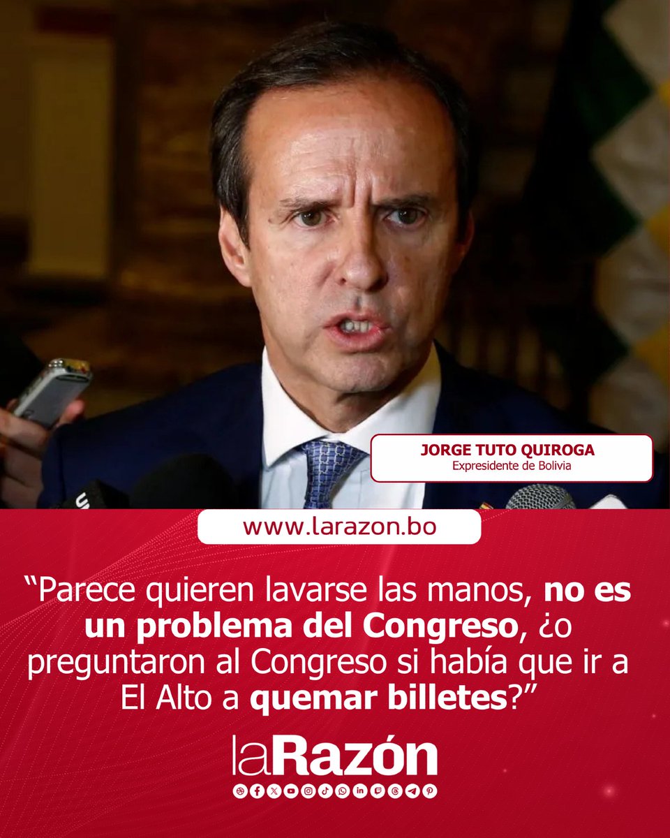 LaRazon_Bolivia's tweet photo. #Nacional| El expresidente Jorge Tuto Quiroga afirmó que el Banco Central de Bolivia (BCB) solo tiene dos opciones frente al problema generado tras el 4ccid3nt3 de un avión de la Fuerza Aérea Boliviana que transportaba billetes de la Serie B: reemplazar toda la serie o legalizarla completamente.
Según el exmandatario, la entidad emisora debe asumir la responsabilidad por la situación generada luego del s1ni3str0 ocurrido en El Alto, donde parte del dinero fue r0bad0 y otra parte qu3mada por orden del banco. 
Quiroga también cuestionó las declaraciones del presidente del BCB, David Espinoza, quien señaló ante el Senado que su institución no puede legalizar los billetes sustraídos y sugirió que esa decisión podría recaer en la Asamblea Legislativa Plurinacional.
#LaRazónDigital #BCB