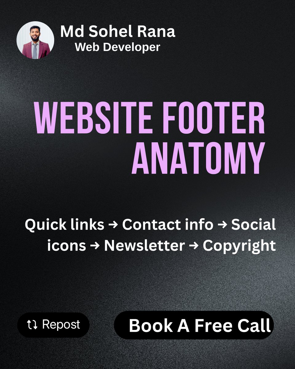 dev_sohel07's tweet photo. Website Footer Anatomy.

The footer may be the last section of a page, but it still matters.

A strong footer includes:

• Quick links
• Contact info
• Social media
• Legal pages
• Company details
Small section. Big usability impact.
#Webdevelopment #MdSohelRana #Wordpress https://t.co/aNx9MgPE2u