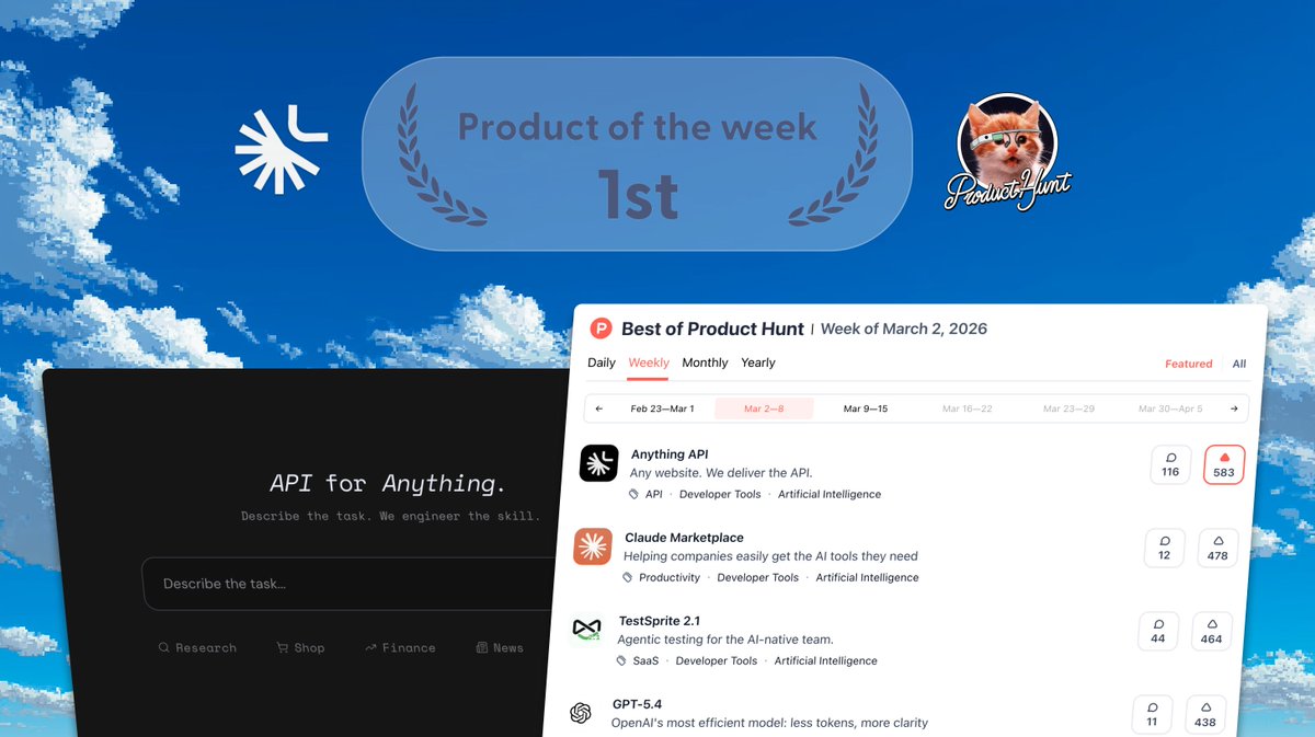 Anything API secured Product of the Week 🥇

For those that missed it: describe what you need, and our agents turn any website into a production-ready API.

Every endpoint runs on <a href="/nottecore/">Notte</a> cloud infra. Deploy serverless, schedule on cron, call via API. Your automations are