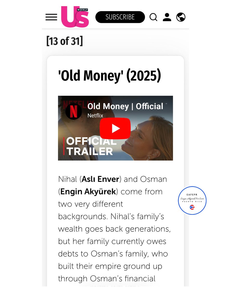 EnginAkyurekFE's tweet photo. De acuerdo a la revista @usweekly #OldMoney está #13 entre las 31 series más vistas de Netflix @netflix en Marzo. #EnginAkyürek #AslıEnver #OldMoneyNetflix https://t.co/yauRprA3mP