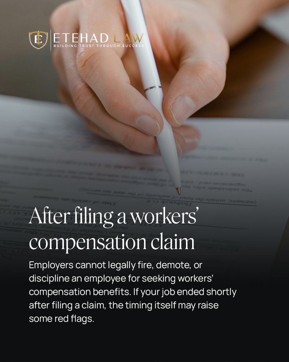 EtehadLaw's tweet photo. Were you fired after a workplace injury? Not every termination is legal under California law.

Find out if your termination may qualify as wrongful termination and call us at (310) 550-1220. https://t.co/wg2vfCXtnA