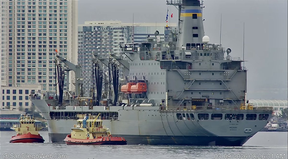 WarshipCam's tweet photo. USNS Patuxent (T-AO-201) Henry J. Kaiser-class replenishment oiler coming into San Diego - March 9, 2026    SRC: YT- SanDiegoWebcam https://t.co/yeZbIIDbH4