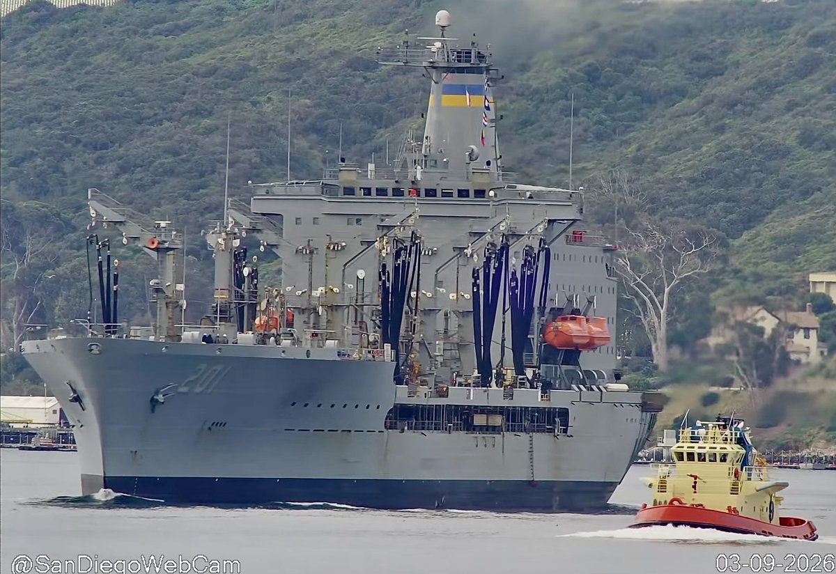 WarshipCam's tweet photo. USNS Patuxent (T-AO-201) Henry J. Kaiser-class replenishment oiler coming into San Diego - March 9, 2026    SRC: YT- SanDiegoWebcam https://t.co/yeZbIIDbH4