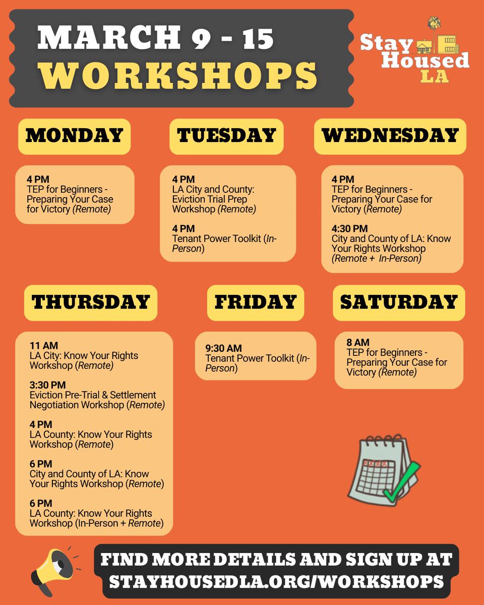 Weekly workshop roundup! Stay Housed LA community workshops are open to all renters. TEP workshops and Tenant Power Toolkit Workshops are for tenants in eviction court. Registration and eligibility details are listed with each workshop. Sign up at stayhousedla.org/workshops