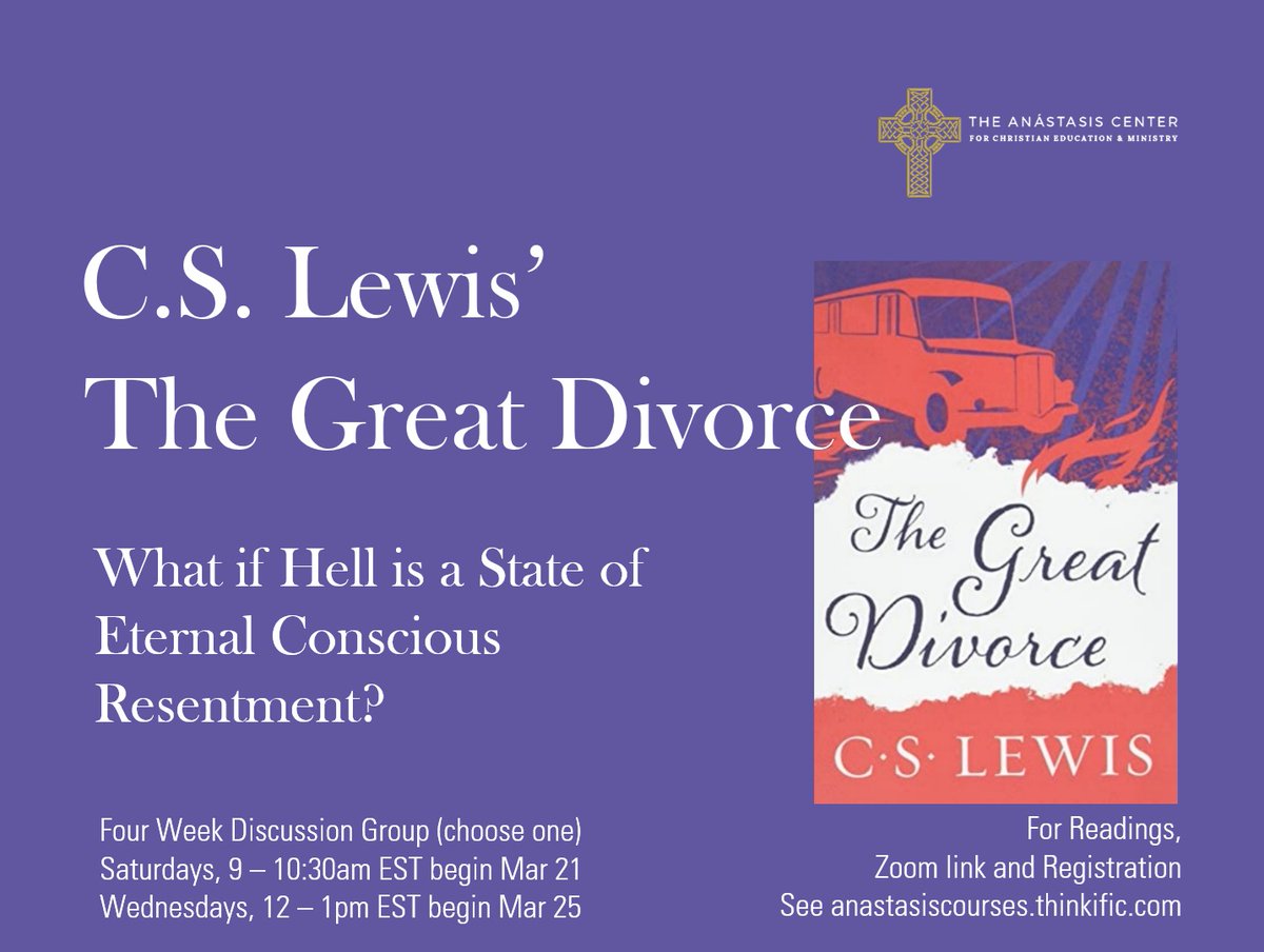 What if heaven and hell are the same thing - the love of God - but some people feel eternal conscious resentment about it?

Discuss C.S. Lewis' classic. Two possible cohorts.

Starting Mar.21 (Saturdays) and Mar.25 (Wednesdays)

Register at anastasiscourses.thinkific.com