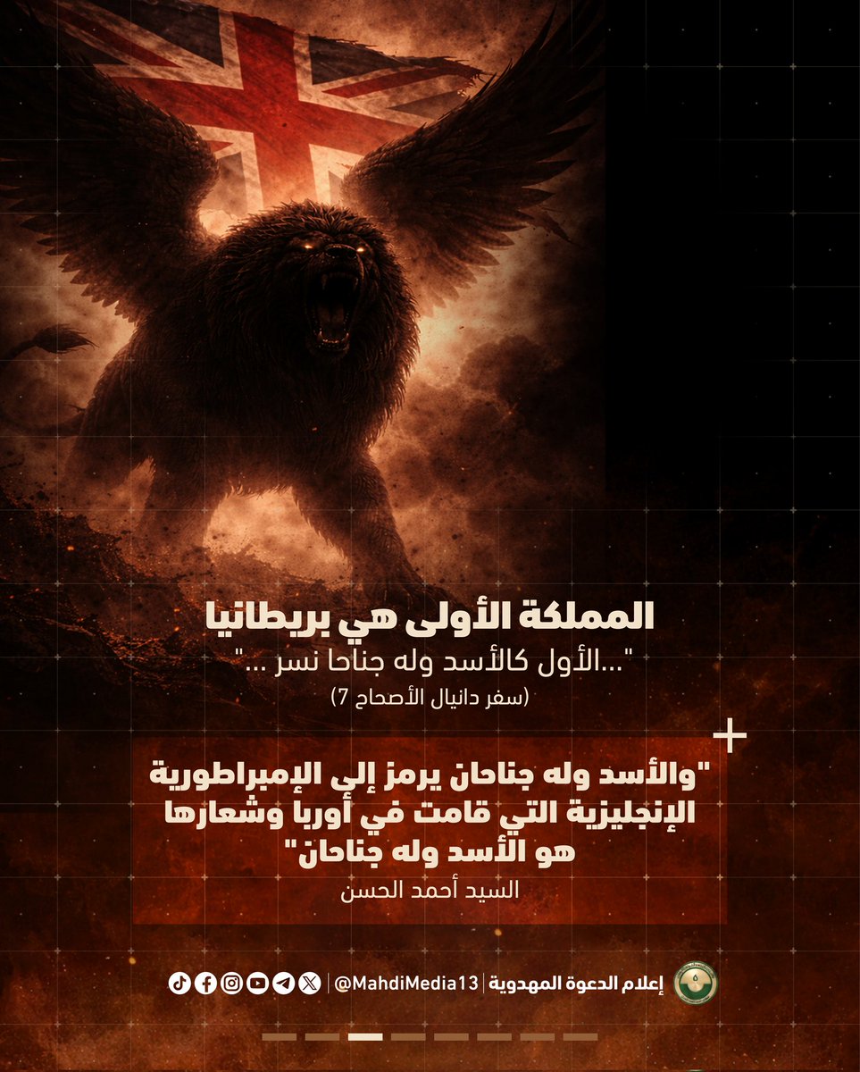 MahdiMedia13's tweet photo. نهاية أمريكا في التوراة

هل ورد ذكر أمريكا في نصوص التوراة؟
هل أشارت تلك النصوص للدول التي سبقت أمريكا؟
هل هناك إشارة لزوالها؟
من الذي سيأتي بعد أمريكا؟

تعرف على إجابة هذه الأسئلة في هذا العمل.

#التوراة #اليهود #مسيحي #أمريكا

مطلبنا #فتح_المكتب الرسمي للسيد #احمد_الحسن

المصادر:
- التوراة: سفر دانيال - الاصحاح الثاني (31-45) ؛ سفر دانيال - الاصحاح السابع.
- الجواب المنير عبر الأثير - السيد أحمد الحسن: ج1 س15، ج4 س327.

رابط جميع كتب السيد أحمد الحسن:
https://t.co/AXyzcQkQEs
—----------------