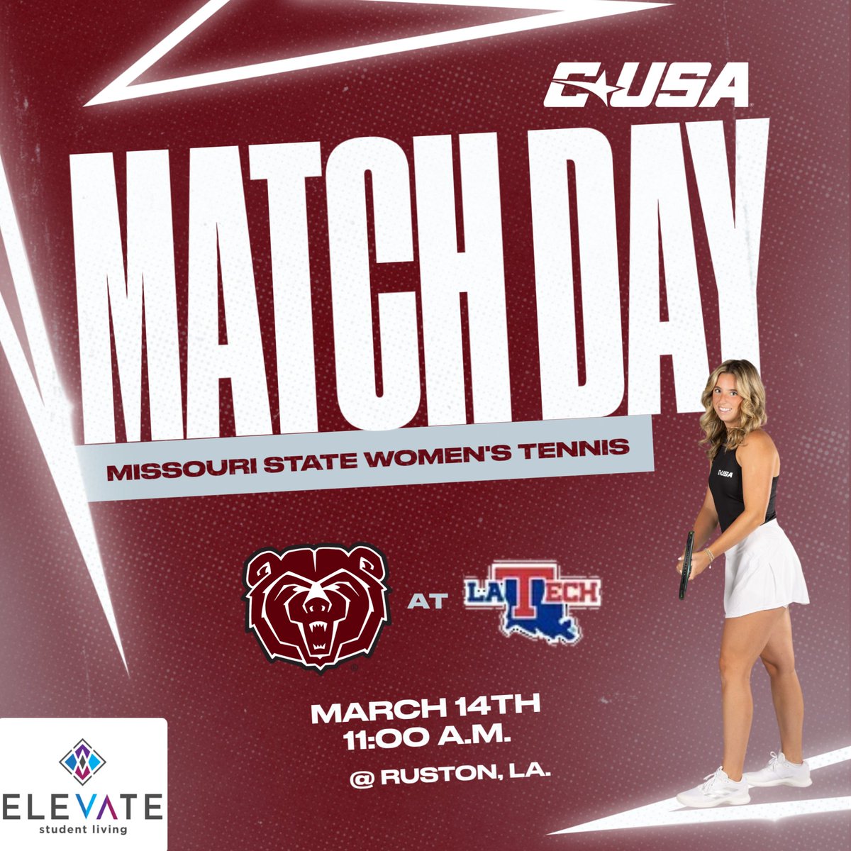 MoStateTennis's tweet photo. MATCH DAY! 🐻🔥

🆚 LA Tech (CUSA)
⏰ 11:00 a.m. PDT▶️ 9:00 a.m. CT
📍 Ruston, La.

#GoBears | #WeAreMoState https://t.co/EYB5zZCVtZ