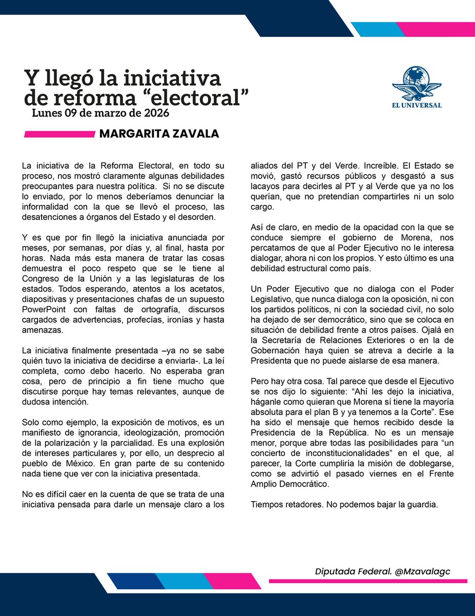 Tal parece que desde el Ejecutivo se dijo lo siguiente: “Ahí les dejo la iniciativa, háganle como quieran que Morena sí tiene la mayoría absoluta para el plan B y ya tenemos a la Corte”. Esto abre todas las posibilidades para “un concierto de inconstitucionalidades” en el que, al