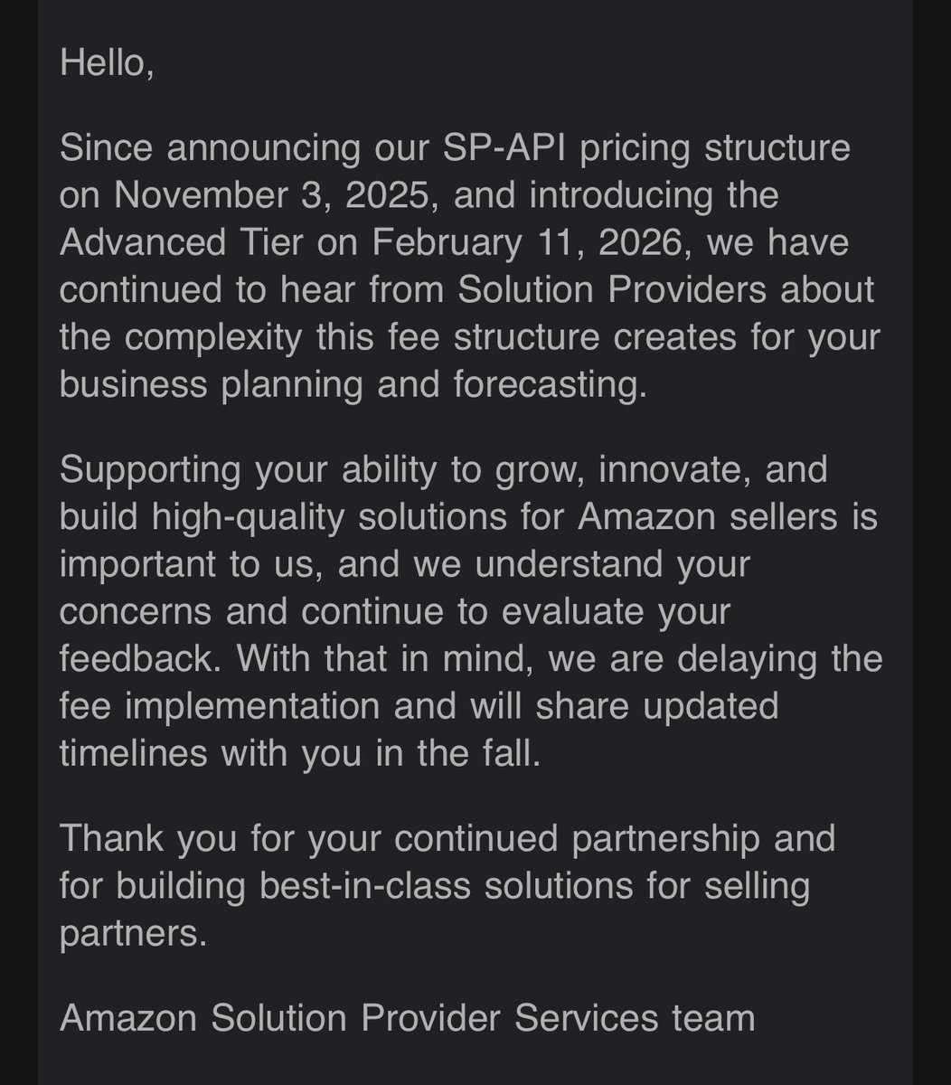 kazimydn's tweet photo. Amazon just delayed the new SP-API pricing rollout after feedback from Solution Providers about the complexity of the fee structure. Updated timelines will be shared in the fall.

Good to see developer feedback actually moving the needle. https://t.co/eOo2CpS6Oa