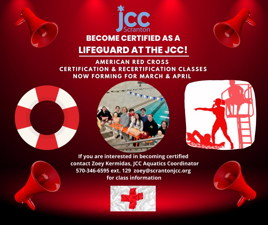 A few spots remain in our lifeguard certification classes for March &amp; April! Contact Zoey Kermidas, JCC Aquatics Director, at zoey@scrantonjcc.org or ext. 129 for more information and to reserve your spot.