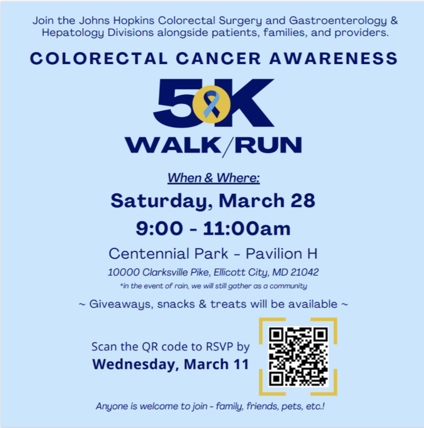 JHUCRRU's tweet photo. Join us on March 28 from 9–11 AM at Centennial Park in Ellicott City for the Johns Hopkins Colorectal Cancer Awareness 5K Walk/Run. 🏃‍♀️💙

📍 Centennial Park, Ellicott City
🗓 March 28 | 9–11 AM

#ColorectalCancerAwareness #JohnsHopkins #5K @HopkinsMedicine @hopkinssurgery https://t.co/m458Rv9XTf