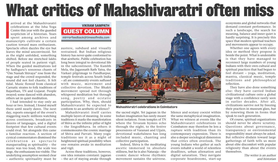 Reflexive disdain toward large gatherings of faith tells us more about elite discomfort with popular religiosity than about the events themselves, argues Vikram Sampath. 
#IshaMahashivratri