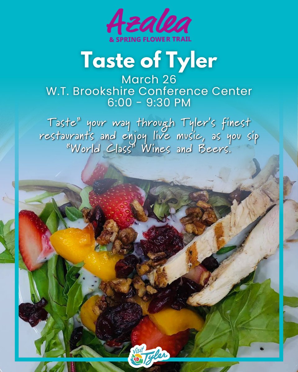 VisitTyler's tweet photo. 📍 W.T. Brookshire Conference Center
March 26

One night. Dozens of flavors. 🍷

“ Taste ” your way through some of Tyler’s finest restaurants while enjoying live music and world-class wines and beers. Come hungry — and bring your friends. https://t.co/aZqUbdorkw